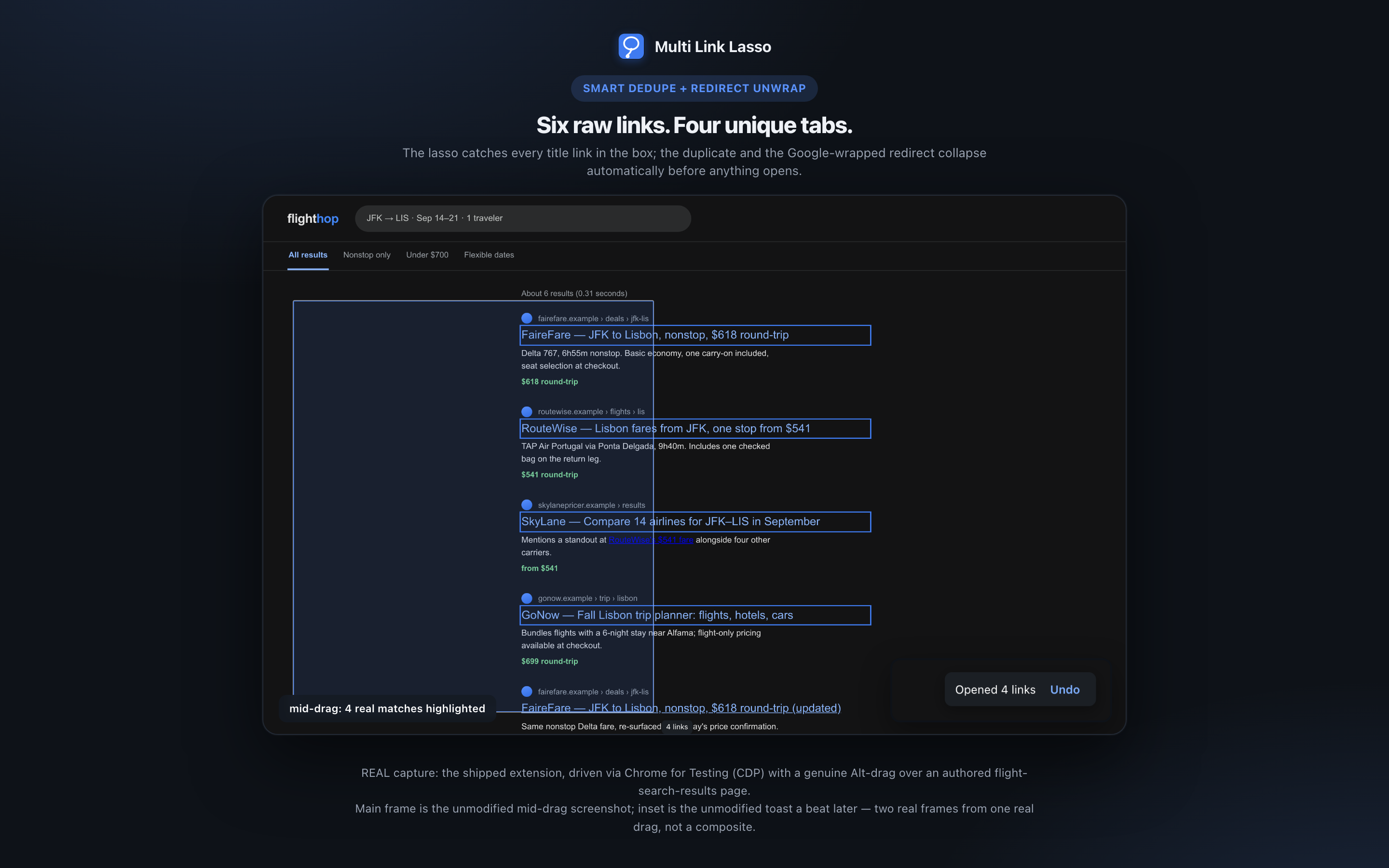 Real capture of the live lasso drag and dedupe toast, dark theme