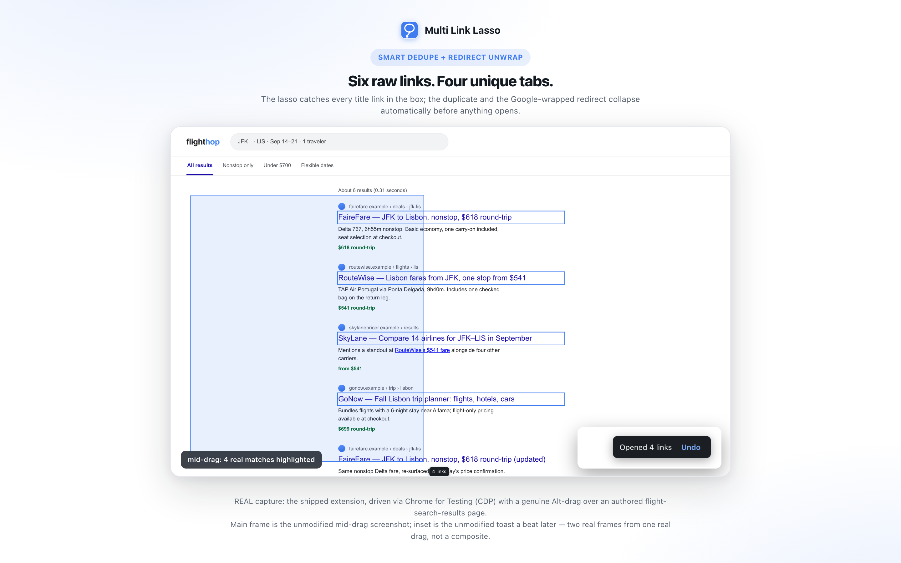 Real capture of Multi Link Lasso mid-drag over a flight search results page, four unique links highlighted out of six, duplicate and redirect collapsed automatically