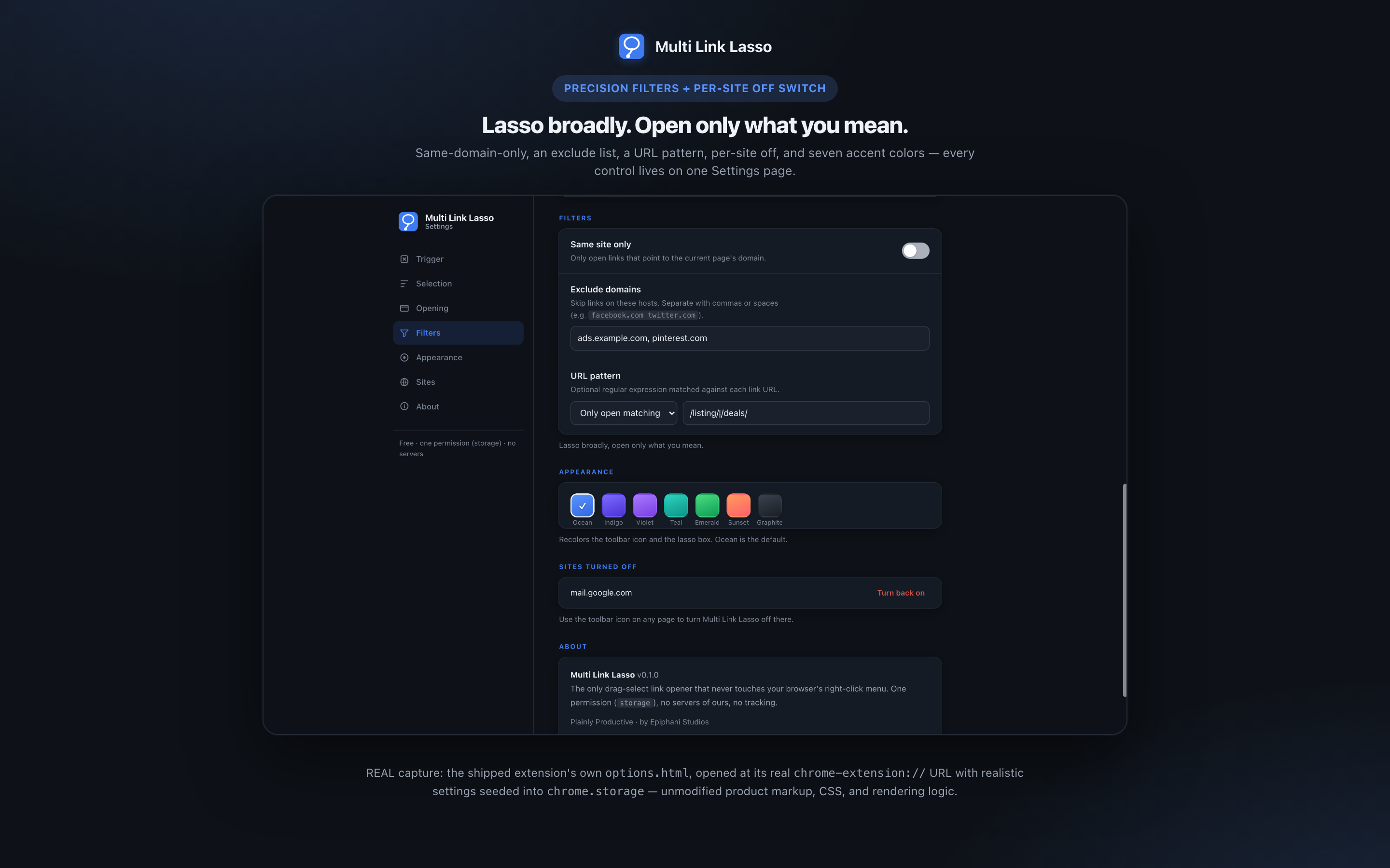 Real capture of the Settings page, dark theme