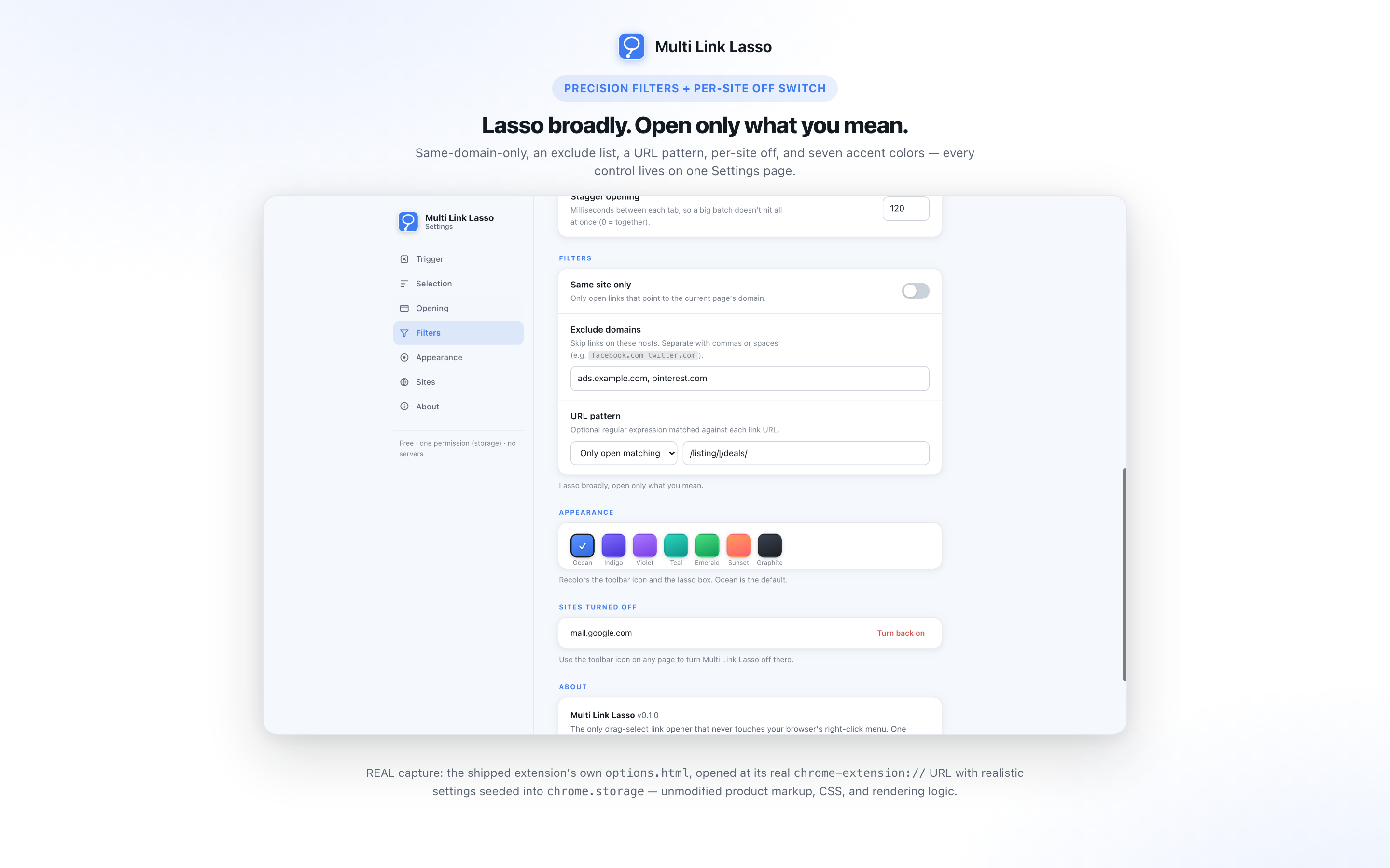 Real capture of the Multi Link Lasso Settings page: same-site filter, exclude domains, URL pattern, accent colors, and sites turned off