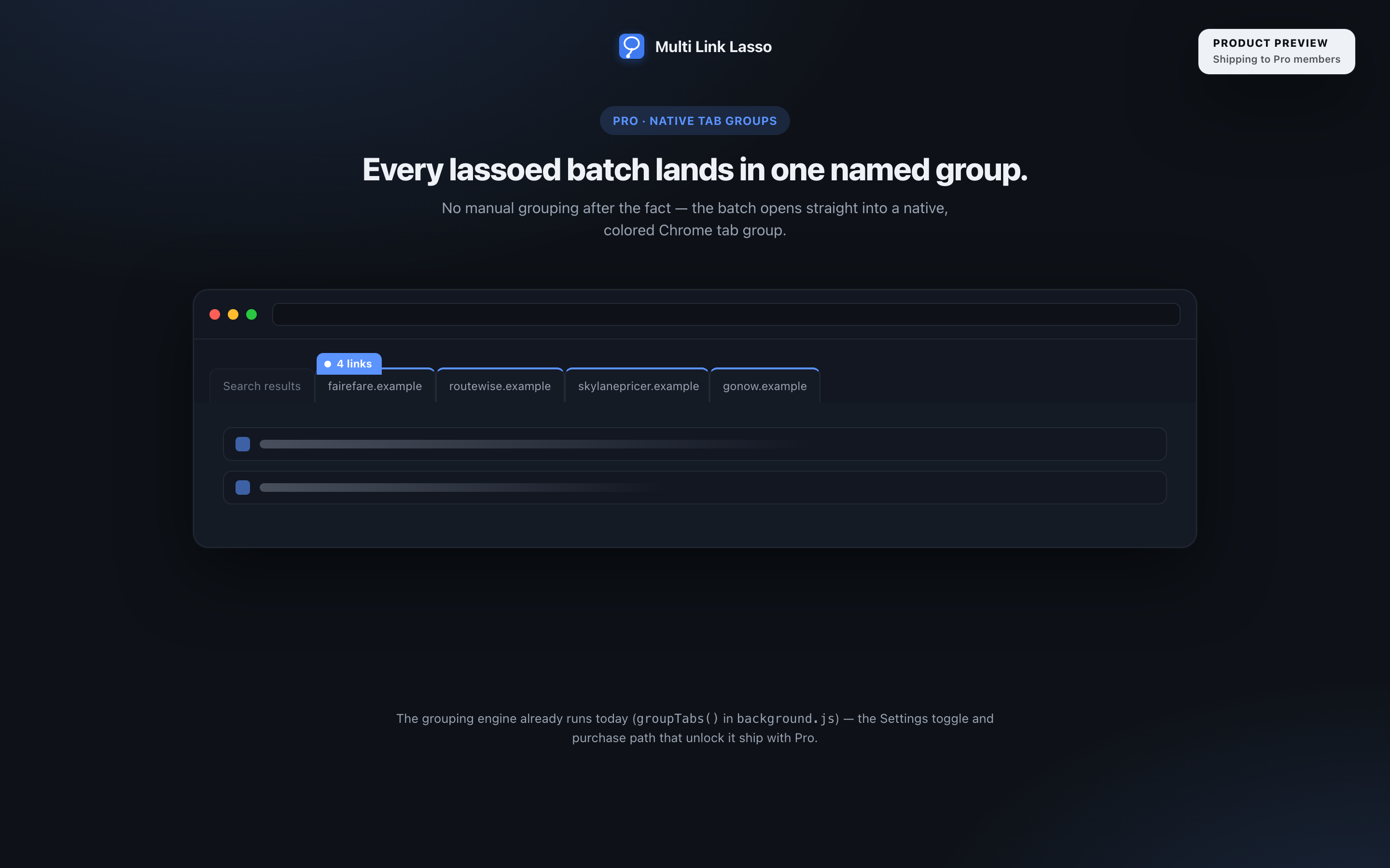 Product preview of native tab-group open, dark theme
