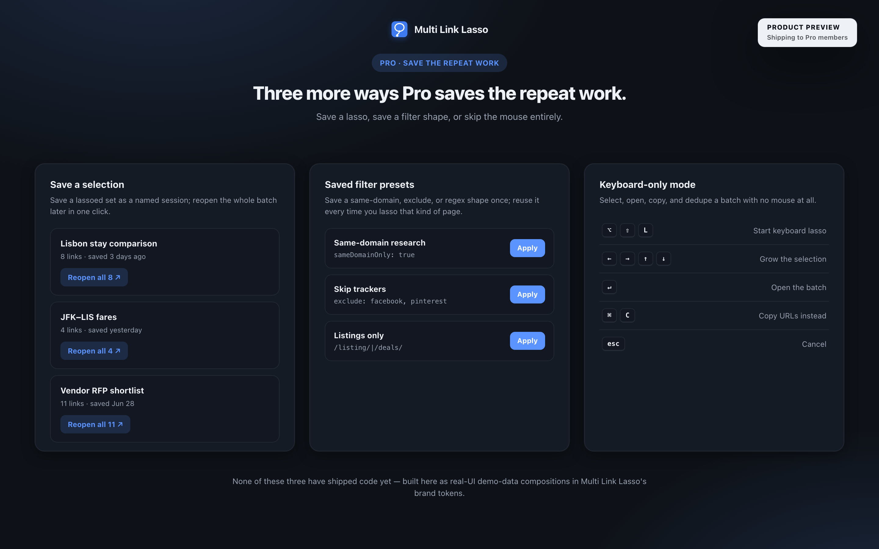 Product preview of saved selections, saved filter presets, and keyboard-only mode, dark theme