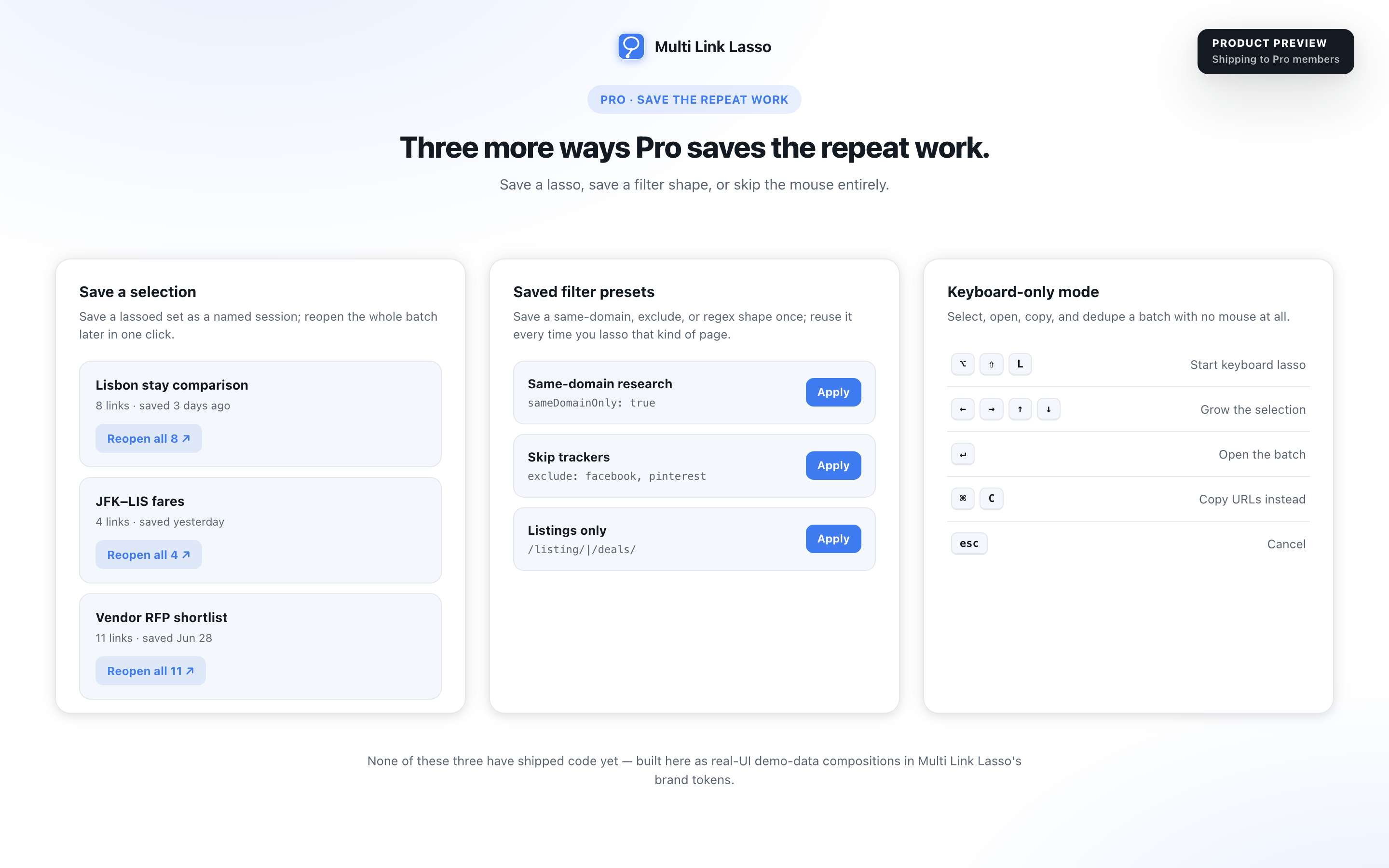 Product preview: save a selection as a named session, save a filter shape as a preset, and a keyboard-only mode with no mouse required